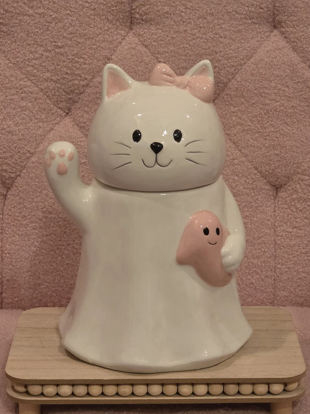 Ceramic White & Pink Cat Cookie Jar - Cute Paw & Bow Design